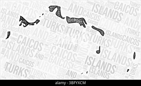 Turks and Caicos Islands regions map word cloud. Turks and Caicos Islands region names. Black and white map design. Beautiful vector illustration. Stock Vector