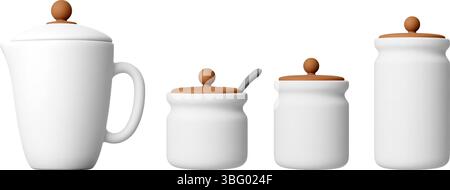 Ceramic jug and jars 3d icons. Isolated white jar for sugar, flour, nuts, cookies, salt. Pitcher for juice, wine, cold seasonal drinks, water Stock Vector