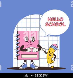 Back to school poster with groovy characters. Retro style notebook and pencil. Funny office supplies, education or work vector card template Stock Vector