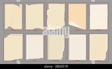 Vintage Textured Paper, A4 Format, note pages, torn paper. Vector Illustration Stock Vector
