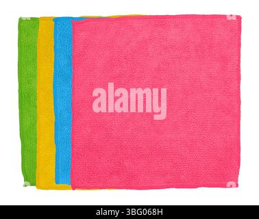 Set of universal cleaning cloths for office equipment and electronics. Microfiber cloths in various colors. Soft cleaning for monitors. Copy space. Stock Photo