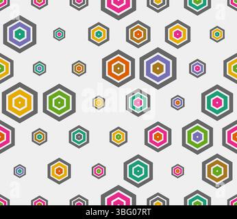 Geometric pattern. Multicolored geometric elements of varied size. Plain hexagon frames. Large hexagon shapes. Tileable pattern. Stock Vector