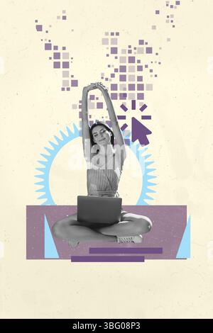 Pop trend collage of person sit front use computer cog gear with cursor pixels on pastel background Stock Photo