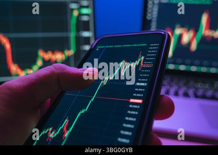 Close up, smartphone in businessman hand, with trading application with stock market or cryptocurrency charts under neon lighting.Trader analyzing crypto trends on phone Stock Photo