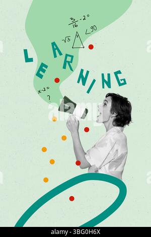 Template sketch composite artwork collage of school autumn season education young lady teacher hold megaphone proclaim learning maths Stock Photo