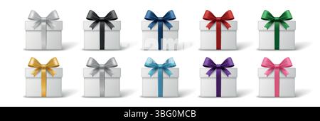 Vector 3d Realistic Gift Box Set with Colorful Ribbons and Bows. Gift Package with Silver, Gold, Red, Pink, Blue, Green Gift Wraps for Holiday Banner Stock Vector