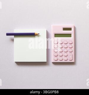 Memo paper, sticky notes and digital calculator with colored pencil on purple background. top view, copy space Stock Photo