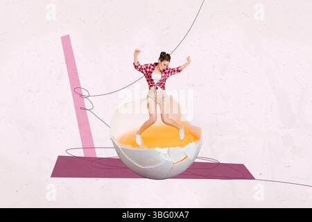 Trend poster collage of person stand dance yellow yolk egg on pink background Stock Photo