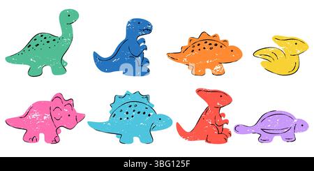 Hand drawn multicolor cute dinosaurs set. Vector crayon pencil, chalk illustration. Dino trendy collection, kids design elements isolated on white bac Stock Vector