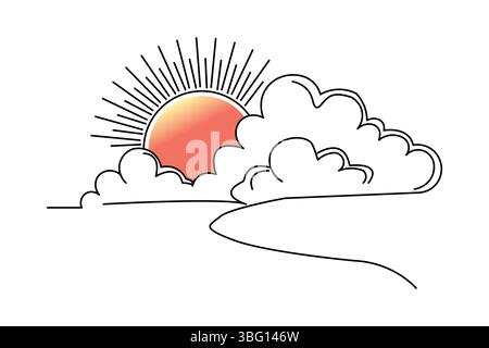 Sunset continuous one line drawing of beautiful scenery Stock Vector