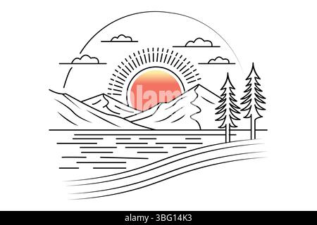 Sunset continuous one line drawing of beautiful scenery Stock Vector