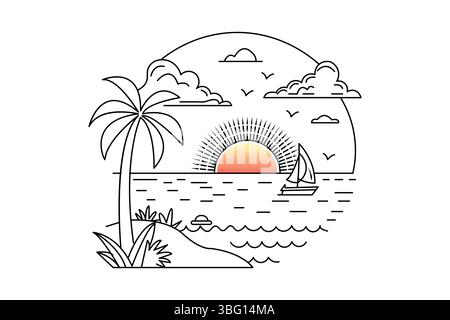 Sunset continuous one line drawing of beautiful scenery Stock Vector