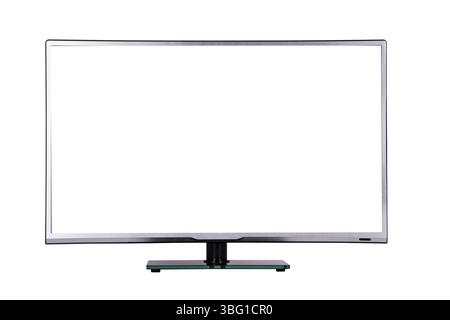 Modern thin plasma LCD TV on a silver black glass stand isolated on a white background, standing on the background screen to the viewer Stock Photo