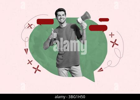 Creative pop collage of person stand in speech bubble on pink background Stock Photo