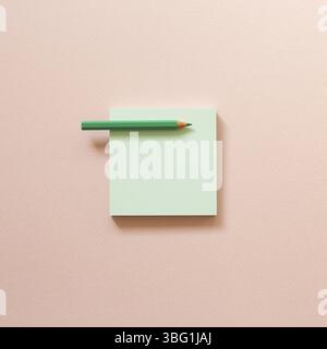 Green memo paper, sticky notes with colored pencil on pink background. top view, copy space Stock Photo