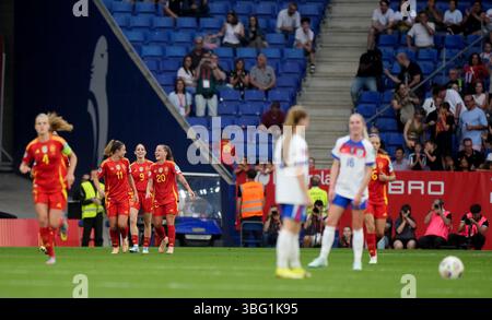 Spain’s Claudia Pina celebrates scoring their side’s second goal during