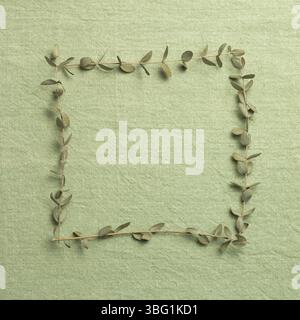Eucalyptus leaves frame on green fabric texture background. top view, copy space Stock Photo