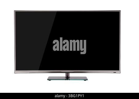 Modern thin plasma LCD TV on a silver black glass stand isolated on a white background, standing on the background screen to the viewer Stock Photo