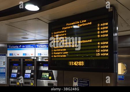 London Underground Digital Departure Board with Train Times. London, UK, 6 April 2024 Stock Photo