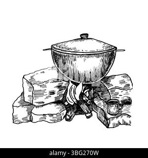 Hand drawn black white vector illustration of a cast iron pot over campfire. Cauldron with lid standing on stones, burning logs drawing. Rustic Stock Vector