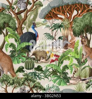 Seamless pattern with Australian animals and trees. Vector. Stock Vector