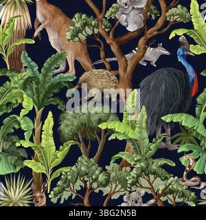 Seamless pattern with Australian animals and trees. Vector. Stock Vector