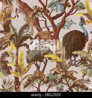 Seamless pattern with Australian animals and trees. Vector. Stock Vector