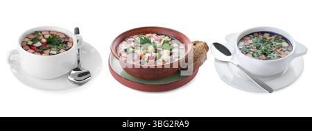 Cold soups in bowls isolated on white, set Stock Photo