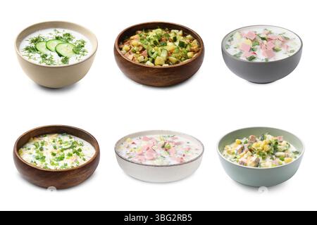 Cold soups in bowls isolated on white, set Stock Photo