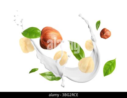 Nut milk splash with hazelnuts and green leaves in air on white background Stock Photo