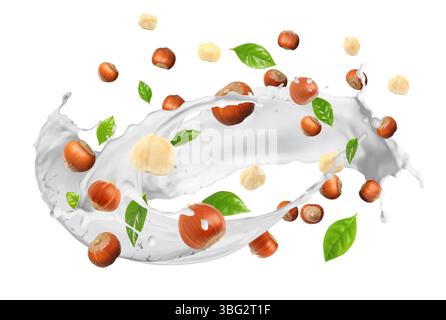 Nut milk splash with hazelnuts and green leaves in air on white background Stock Photo