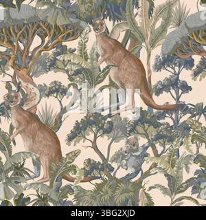 Seamless pattern with Australian animals and trees. Vector. Stock Vector