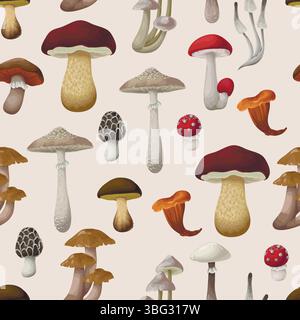Seamless pattern with different mushrooms. Vector. Stock Vector
