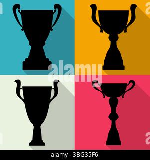 Set of four vector trophy champion cups in flat style. Championship prizes for first place. Victory symbols. Stock Vector