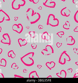 Seamless pattern with hand drawn hearts. Doodle grunge pink hearts on grey background. Vector illustration. Stock Vector