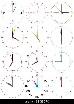 A set of different mechanical clocks with an image of each of the twelve hours. Clock face on white background. Stock Vector