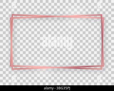 Double rose gold shiny 16x9 rectangular frame with glowing effects and shadows on transparent background. Vector illustration Stock Vector