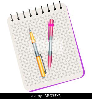 Notebook, yellow  pen and pink pen on a white background Stock Vector