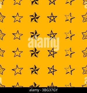 Seamless background of doodle stars. Black hand drawn stars on yellow background. Vector illustration Stock Vector