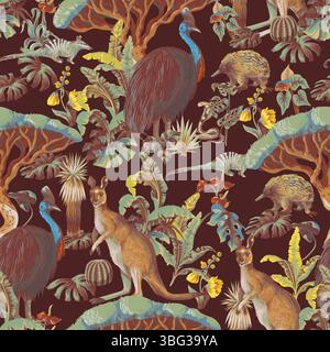 Seamless pattern with Australian animals and trees. Vector. Stock Vector