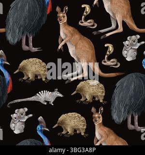 Seamless pattern with Australian animals and trees. Vector. Stock Vector