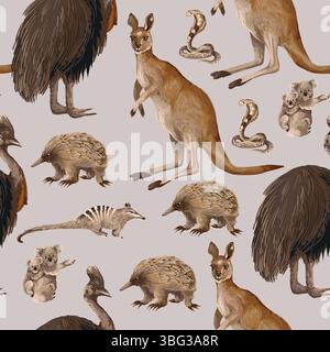 Seamless pattern with Australian animals and trees. Vector. Stock Vector