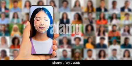 A hand holds a smartphone displaying a facial recognition scan of a woman Stock Photo