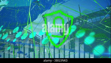 Image of graphs and digital padlock with green lines over construction site Stock Photo