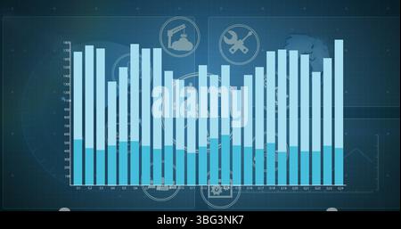 Image of blue graph processing data over business icons and globe on blue background Stock Photo