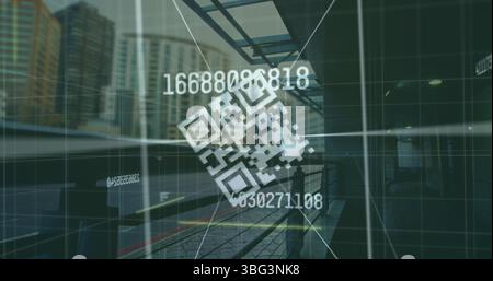Image of qr code and numbers over cityscape Stock Photo