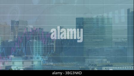 Image of financial graphs and data over cityscape Stock Photo