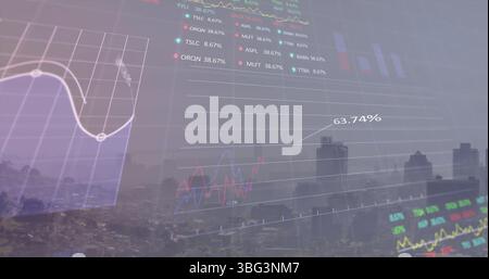 Image of financial graphs and data over cityscape Stock Photo