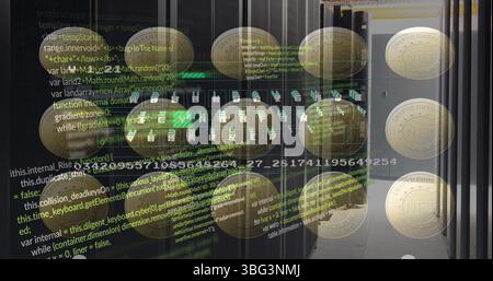 Image of coins with nft and data processing over servers Stock Photo