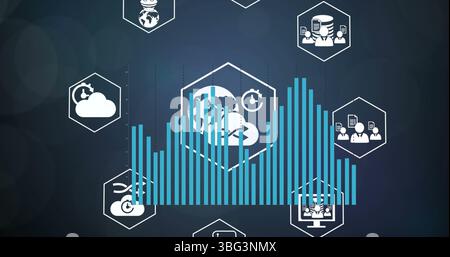 Image of statistical data processing over digital icons against light spot on blue background Stock Photo